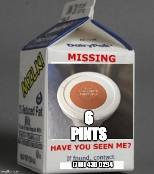 Milk carton | 6 PINTS; (718) 430 0294 | image tagged in milk carton | made w/ Imgflip meme maker