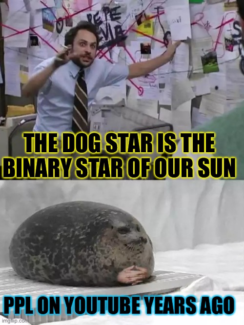 Man explaining to seal | THE DOG STAR IS THE BINARY STAR OF OUR SUN PPL ON YOUTUBE YEARS AGO | image tagged in man explaining to seal | made w/ Imgflip meme maker