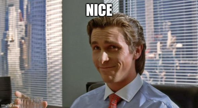 smug patrick bateman | NICE | image tagged in smug patrick bateman | made w/ Imgflip meme maker