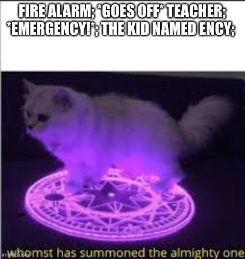 Whomst has Summoned the almighty one | FIRE ALARM; *GOES OFF* TEACHER; *EMERGENCY!*; THE KID NAMED ENCY; | image tagged in whomst has summoned the almighty one,kid named | made w/ Imgflip meme maker