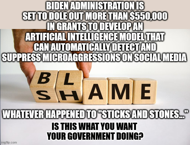 Blame and Shame | BIDEN ADMINISTRATION IS SET TO DOLE OUT MORE THAN $550,000 IN GRANTS TO DEVELOP AN ARTIFICIAL INTELLIGENCE MODEL THAT CAN AUTOMATICALLY DETECT AND SUPPRESS MICROAGGRESSIONS ON SOCIAL MEDIA; WHATEVER HAPPENED TO "STICKS AND STONES..."; IS THIS WHAT YOU WANT 
YOUR GOVERNMENT DOING? | image tagged in blame and shame,biden,big brother | made w/ Imgflip meme maker