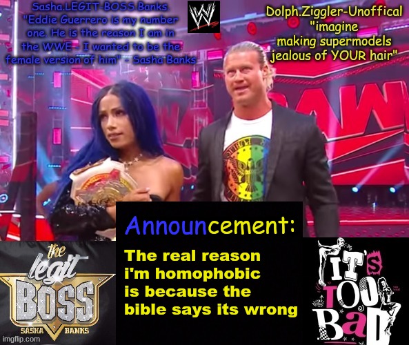 My whole life revolves around God sooo... | The real reason i'm homophobic is because the bible says its wrong | image tagged in dolph ziggler sasha banks duo announcement temp | made w/ Imgflip meme maker