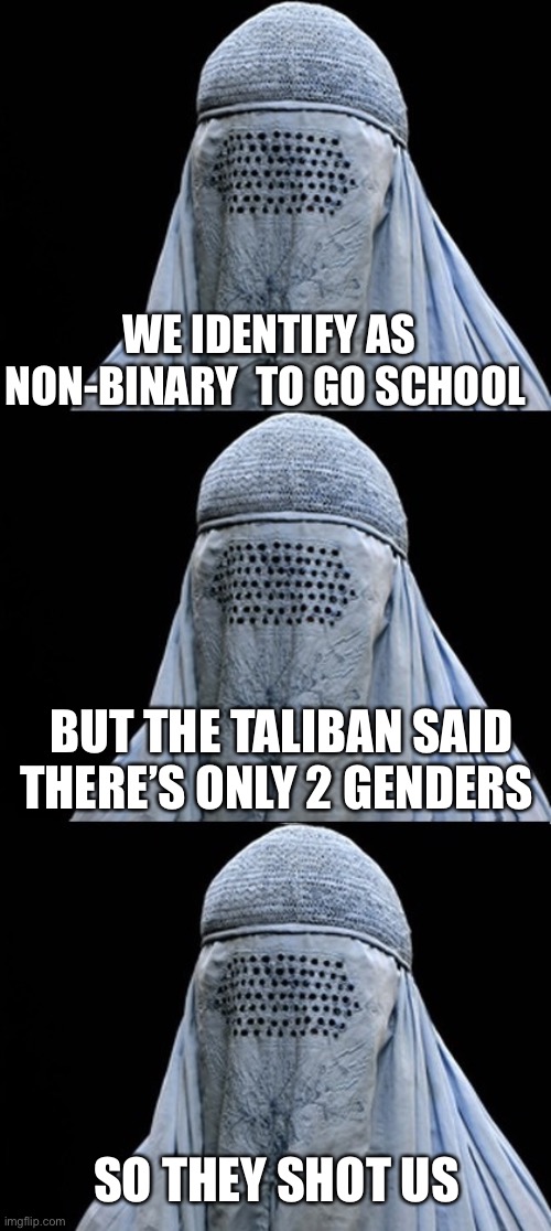 Bad Pun Burka | WE IDENTIFY AS NON-BINARY  TO GO SCHOOL; BUT THE TALIBAN SAID THERE’S ONLY 2 GENDERS; SO THEY SHOT US | image tagged in bad pun burka,taliban | made w/ Imgflip meme maker