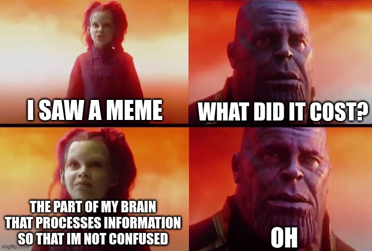 What did it cost? | I SAW A MEME WHAT DID IT COST? THE PART OF MY BRAIN THAT PROCESSES INFORMATION SO THAT IM NOT CONFUSED OH | image tagged in what did it cost | made w/ Imgflip meme maker