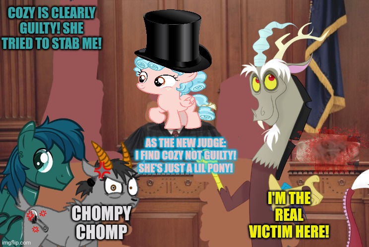 COZY IS CLEARLY GUILTY! SHE TRIED TO STAB ME! I'M THE REAL VICTIM HERE! CHOMPY CHOMP AS THE NEW JUDGE: I FIND COZY NOT GUILTY! SHE'S JUST A  | made w/ Imgflip meme maker