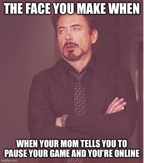 Face You Make Robert Downey Jr | THE FACE YOU MAKE WHEN; WHEN YOUR MOM TELLS YOU TO PAUSE YOUR GAME AND YOU’RE ONLINE | image tagged in memes,face you make robert downey jr | made w/ Imgflip meme maker