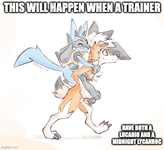 Lucario Piggybackking on Lycanroc | THIS WILL HAPPEN WHEN A TRAINER; HAVE BOTH A LUCARIO AND A MIDNIGHT LYCANROC | image tagged in lucario,lycanroc,pokemon,memes | made w/ Imgflip meme maker