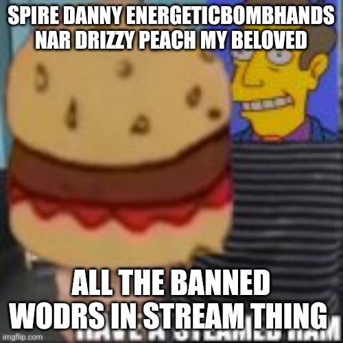 Have a steamed ham | SPIRE DANNY ENERGETICBOMBHANDS NAR DRIZZY PEACH MY BELOVED; ALL THE BANNED WODRS IN STREAM THING | image tagged in have a steamed ham | made w/ Imgflip meme maker