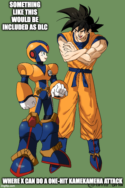 Goku Armor | SOMETHING LIKE THIS WOULD BE INCLUDED AS DLC; WHERE X CAN DO A ONE-HIT KAMEKAMEHA ATTACK | image tagged in megaman,megaman x,x,goku,dragonball z,memes | made w/ Imgflip meme maker