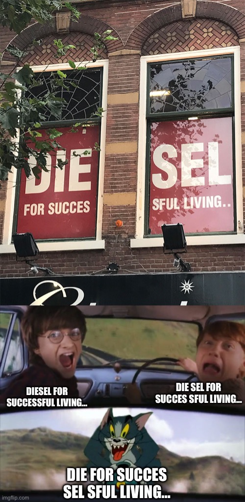 Die for Succes Sel sful Living… | DIE SEL FOR SUCCES SFUL LIVING…; DIESEL FOR SUCCESSFUL LIVING…; DIE FOR SUCCES SEL SFUL LIVING… | image tagged in tom chasing harry and ron weasly,design fails,failure,you had one job,crappy design,memes | made w/ Imgflip meme maker