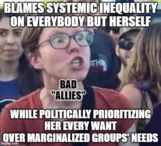 Everyone ought to make it a priority to get their priorities straight. | BLAMES SYSTEMIC INEQUALITY ON EVERYBODY BUT HERSELF; BAD
"ALLIES"; WHILE POLITICALLY PRIORITIZING
HER EVERY WANT
OVER MARGINALIZED GROUPS' NEEDS | image tagged in angry liberal,priorities,activism,white privilege,lgbtq,hypocritical feminist | made w/ Imgflip meme maker