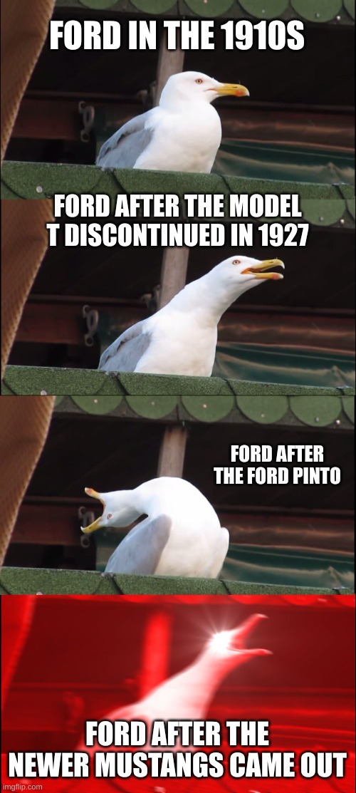 Ford's Life | FORD IN THE 1910S; FORD AFTER THE MODEL T DISCONTINUED IN 1927; FORD AFTER THE FORD PINTO; FORD AFTER THE NEWER MUSTANGS CAME OUT | image tagged in memes,inhaling seagull | made w/ Imgflip meme maker