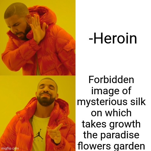 -Go watering by tears. | -Heroin; Forbidden image of mysterious silk on which takes growth the paradise flowers garden | image tagged in memes,drake hotline bling,depression sadness hurt pain anxiety,heroin,don't do drugs,superjail | made w/ Imgflip meme maker