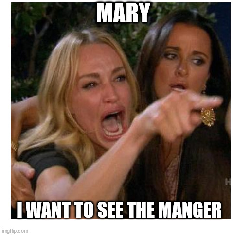 Mary demands the best for her little 'un | MARY; I WANT TO SEE THE MANGER | image tagged in blank white template,mary,manager,shouter | made w/ Imgflip meme maker