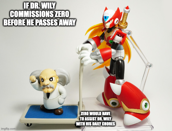 Zero and Dr. Wily | IF DR. WILY COMMISSIONS ZERO BEFORE HE PASSES AWAY; ZERO WOULD HAVE TO ASSIST DR. WILY WITH HIS DAILY CHORES | image tagged in zero,dr wily,megaman,megaman x,memes | made w/ Imgflip meme maker