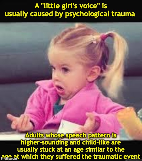 little voice | A "little girl's voice" is usually caused by psychological trauma; Adults whose speech pattern is higher-sounding and child-like are usually stuck at an age similar to the age at which they suffered the traumatic event | image tagged in little girl dunno | made w/ Imgflip meme maker