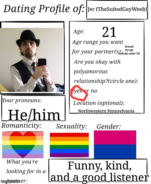 I Might As Well... | Jer (TheSuitedGayWeeb); 21; Around my age (nobody under 18); He/him; Northwestern Pennsylvania; Funny, kind, and a good listener | image tagged in dating profile | made w/ Imgflip meme maker