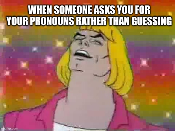 I love when this happens | WHEN SOMEONE ASKS YOU FOR YOUR PRONOUNS RATHER THAN GUESSING | made w/ Imgflip meme maker
