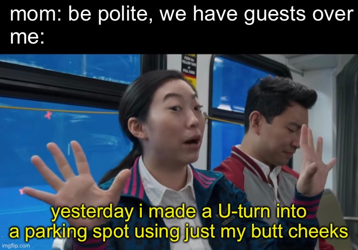 lol | mom: be polite, we have guests over; me:; yesterday i made a U-turn into a parking spot using just my butt cheeks | image tagged in funny | made w/ Imgflip meme maker