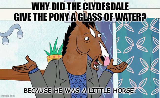 Daily Bad Dad Joke December 21, 2022 | WHY DID THE CLYDESDALE GIVE THE PONY A GLASS OF WATER? BECAUSE HE WAS A LITTLE HORSE. | image tagged in bojack horseman | made w/ Imgflip meme maker