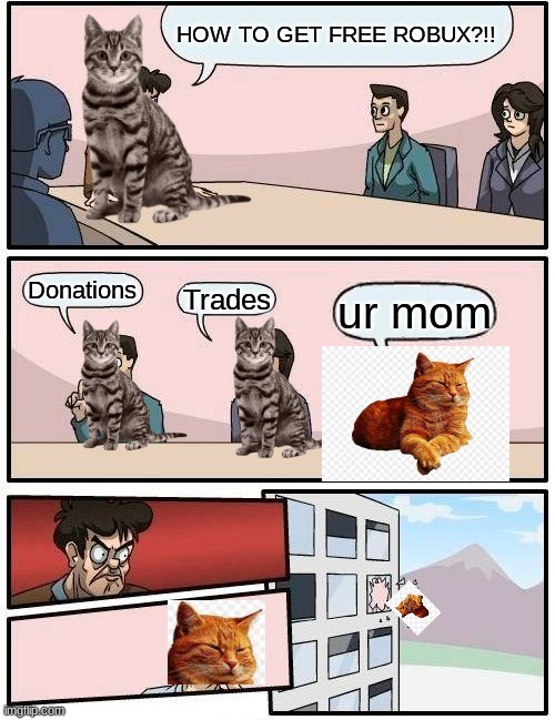 Cats | HOW TO GET FREE ROBUX?!! Donations; Trades; ur mom | image tagged in memes,boardroom meeting suggestion | made w/ Imgflip meme maker