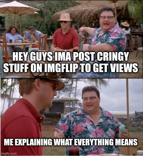 See Nobody Cares | HEY GUYS IMA POST CRINGY STUFF ON IMGFLIP TO GET VIEWS; ME EXPLAINING WHAT EVERYTHING MEANS | image tagged in memes,see nobody cares | made w/ Imgflip meme maker