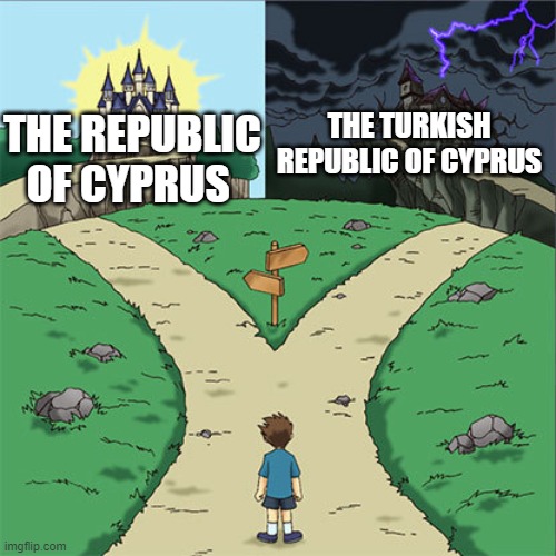Two Paths | THE TURKISH REPUBLIC OF CYPRUS; THE REPUBLIC OF CYPRUS | image tagged in two paths | made w/ Imgflip meme maker