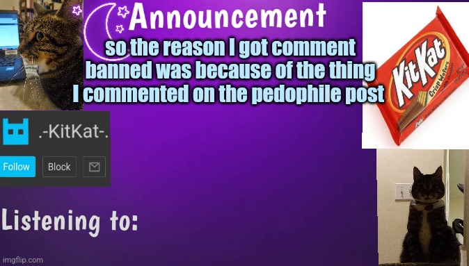 Kitty's announcment temp V3 | so the reason I got comment banned was because of the thing I commented on the pedophile post | image tagged in kitty's announcment temp v3 | made w/ Imgflip meme maker