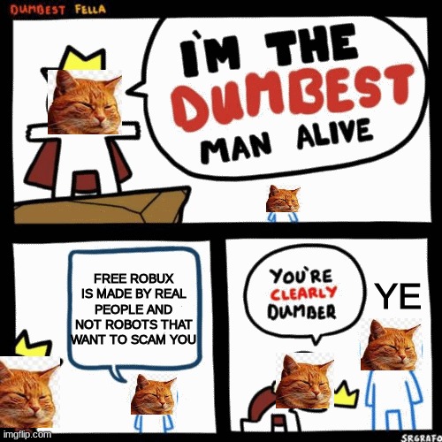 i'm the dumbest cat alive | FREE ROBUX IS MADE BY REAL PEOPLE AND NOT ROBOTS THAT WANT TO SCAM YOU; YE | image tagged in i'm the dumbest man alive,cat,memes | made w/ Imgflip meme maker