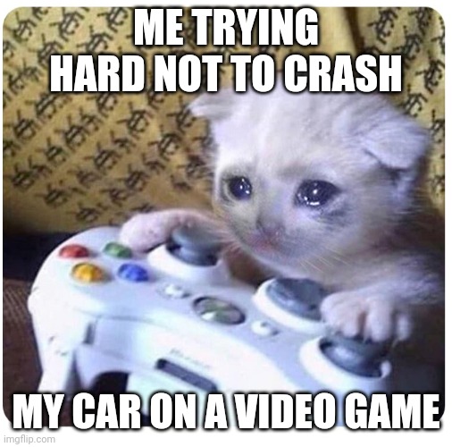 Sad cat Xbox | ME TRYING HARD NOT TO CRASH; MY CAR ON A VIDEO GAME | image tagged in sad cat xbox,video games | made w/ Imgflip meme maker