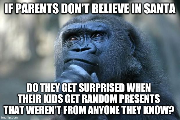 Wait just a minute there | IF PARENTS DON'T BELIEVE IN SANTA; DO THEY GET SURPRISED WHEN THEIR KIDS GET RANDOM PRESENTS THAT WEREN'T FROM ANYONE THEY KNOW? | image tagged in deep thoughts | made w/ Imgflip meme maker