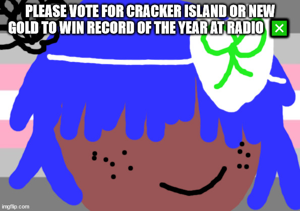 Damon Albarn will not die tomorrow | PLEASE VOTE FOR CRACKER ISLAND OR NEW GOLD TO WIN RECORD OF THE YEAR AT RADIO  ❎ | image tagged in jamie hewlett will not die this december | made w/ Imgflip meme maker