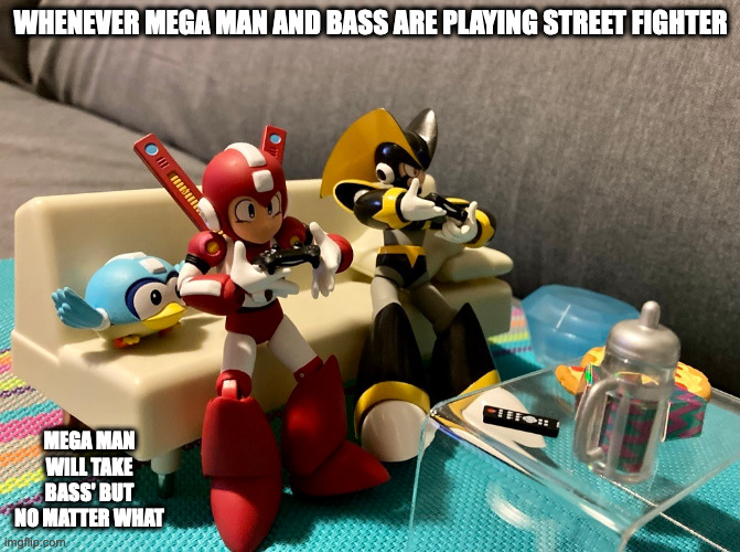 Mega Man and Bass With Controllers | WHENEVER MEGA MAN AND BASS ARE PLAYING STREET FIGHTER; MEGA MAN WILL TAKE BASS' BUT NO MATTER WHAT | image tagged in megaman,bass,memes | made w/ Imgflip meme maker