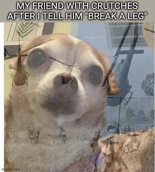 *trollface* | MY FRIEND WITH CRUTCHES AFTER I TELL HIM "BREAK A LEG" | image tagged in ptsd chihuahua | made w/ Imgflip meme maker