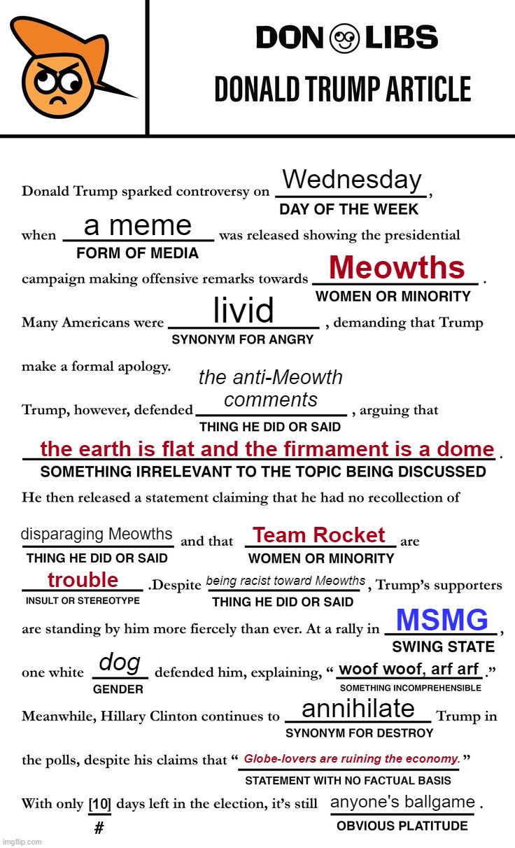 Current State of the IMGFLIP_PRESIDENTS Race [Dec. 2022 colorized] | Wednesday; a meme; Meowths; livid; the anti-Meowth comments; the earth is flat and the firmament is a dome; disparaging Meowths; Team Rocket; trouble; being racist toward Meowths; MSMG; dog; woof woof, arf arf; annihilate; Globe-lovers are ruining the economy. anyone's ballgame; 10 | image tagged in donald trump's mad libs,imgflip_presidents,meanwhile on imgflip_presidents,december,2022,colorized | made w/ Imgflip meme maker