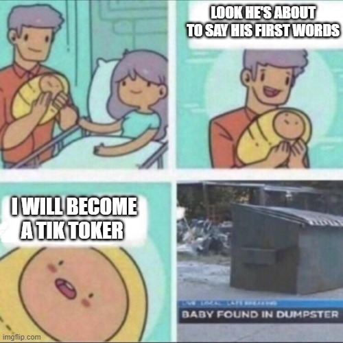 you asked for me to use this template | LOOK HE'S ABOUT TO SAY HIS FIRST WORDS; I WILL BECOME A TIK TOKER | image tagged in baby found in dumpster | made w/ Imgflip meme maker