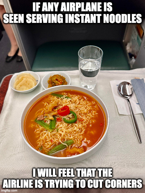 Korean Air Ramyeon | IF ANY AIRPLANE IS SEEN SERVING INSTANT NOODLES; I WILL FEEL THAT THE AIRLINE IS TRYING TO CUT CORNERS | image tagged in food,noodles,airplane,memes | made w/ Imgflip meme maker