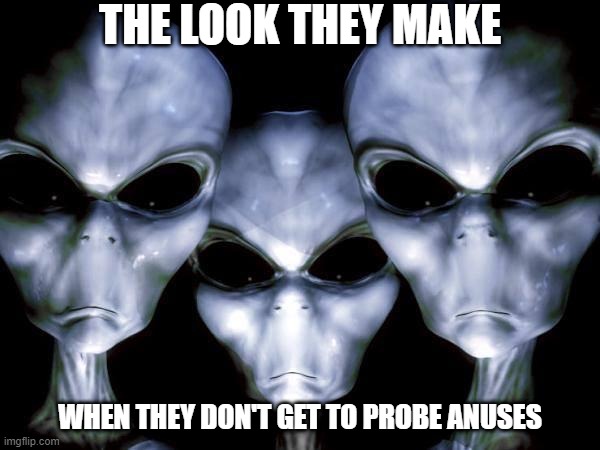 Didn't Make Quota | THE LOOK THEY MAKE; WHEN THEY DON'T GET TO PROBE ANUSES | image tagged in grey aliens | made w/ Imgflip meme maker