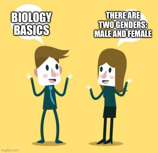 Biology 101 | THERE ARE TWO GENDERS: MALE AND FEMALE; BIOLOGY BASICS | image tagged in two people talking,biology,facts | made w/ Imgflip meme maker