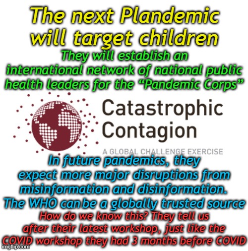 The proponents of Omnicide met to plan their next attack on humanity in October just like COVID. Kids are the next victims | The next Plandemic will target children; They will establish an international network of national public health leaders for the “Pandemic Corps”; In future pandemics, they expect more major disruptions from misinformation and disinformation. The WHO can be a globally trusted source; How do we know this? They tell us after their latest workshop, just like the COVID workshop they had 3 months before COVID | image tagged in catastrophe,who,johns hopkins | made w/ Imgflip meme maker