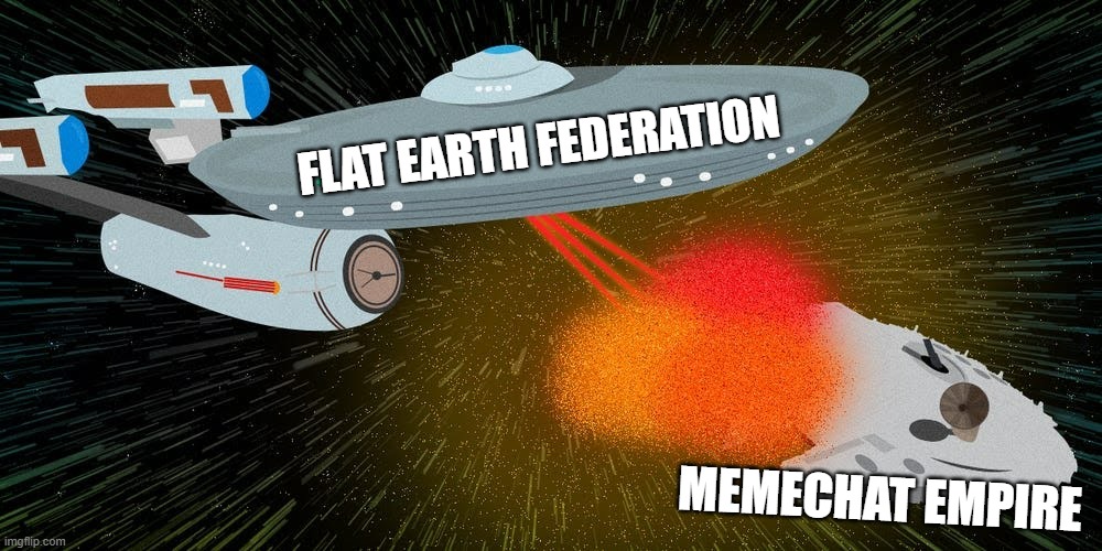 Debunking the Space Lie by turning their own propaganda against them. | FLAT EARTH FEDERATION; MEMECHAT EMPIRE | image tagged in enterprise destroys millennium falcon,flat earth,flat earthers,flat earth club,flat earth dome,memechat empire | made w/ Imgflip meme maker