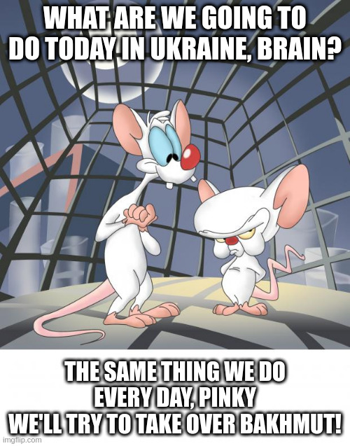 Pinky and the brain | WHAT ARE WE GOING TO DO TODAY IN UKRAINE, BRAIN? THE SAME THING WE DO EVERY DAY, PINKY
WE'LL TRY TO TAKE OVER BAKHMUT! | image tagged in pinky and the brain | made w/ Imgflip meme maker