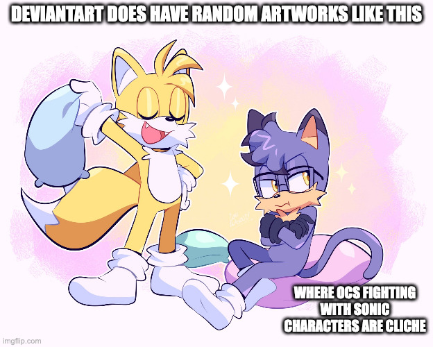 Pillow Fight With Tales | DEVIANTART DOES HAVE RANDOM ARTWORKS LIKE THIS; WHERE OCS FIGHTING WITH SONIC CHARACTERS ARE CLICHE | image tagged in pillow,sonic the hedgehog,oc,tales,memes | made w/ Imgflip meme maker