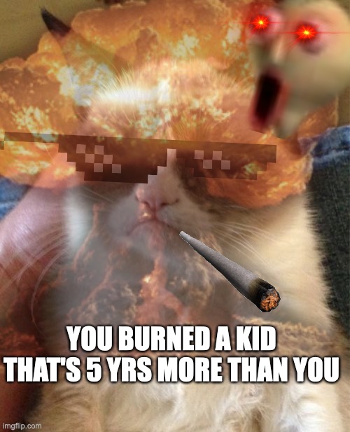 YOU BURNED A KID THAT'S 5 YRS MORE THAN YOU | image tagged in funny cats,lolcats,cats are awesome | made w/ Imgflip meme maker