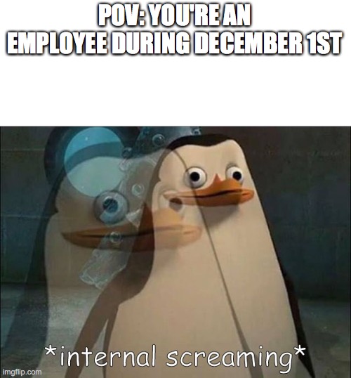 Private Internal Screaming | POV: YOU'RE AN EMPLOYEE DURING DECEMBER 1ST | image tagged in private internal screaming | made w/ Imgflip meme maker