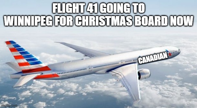 board plz | FLIGHT 41 GOING TO WINNIPEG FOR CHRISTMAS BOARD NOW; CANADIAN | image tagged in american airlines jet | made w/ Imgflip meme maker