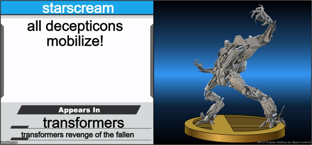 starscream as a trophy | starscream; all decepticons mobilize! transformers; transformers revenge of the fallen | image tagged in smash bros trophy,transformers,paramount,hasbro | made w/ Imgflip meme maker
