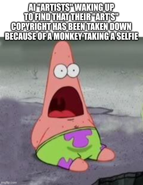 Domino effect hits hard | AI "ARTISTS" WAKING UP TO FIND THAT THEIR "ART'S" COPYRIGHT HAS BEEN TAKEN DOWN BECAUSE OF A MONKEY TAKING A SELFIE | image tagged in suprised patrick,yes this actually happend | made w/ Imgflip meme maker