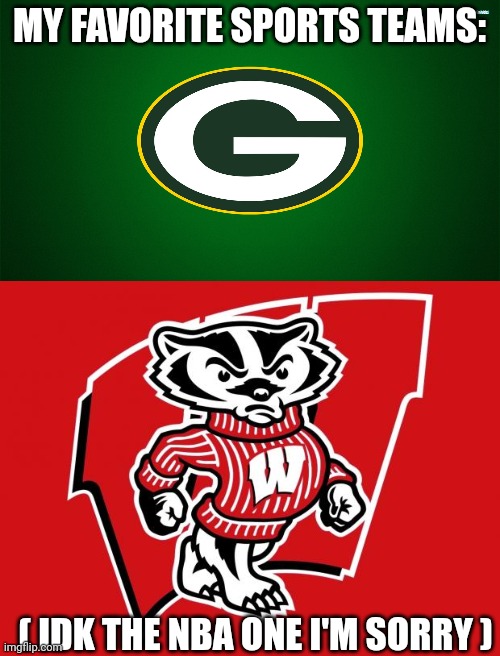 MY FAVORITE SPORTS TEAMS: ( IDK THE NBA ONE I'M SORRY ) | image tagged in green bay packers,on wisconsin | made w/ Imgflip meme maker