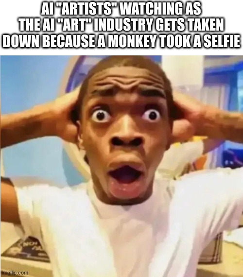 yes this actually happend | AI "ARTISTS" WATCHING AS THE AI "ART" INDUSTRY GETS TAKEN DOWN BECAUSE A MONKEY TOOK A SELFIE | image tagged in yes | made w/ Imgflip meme maker